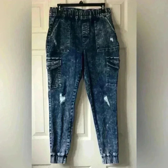 Wax Jean Pull On Tapered Distressed Jeans Women's Large Acid Wash Blue Stretch - Picture 1 of 12